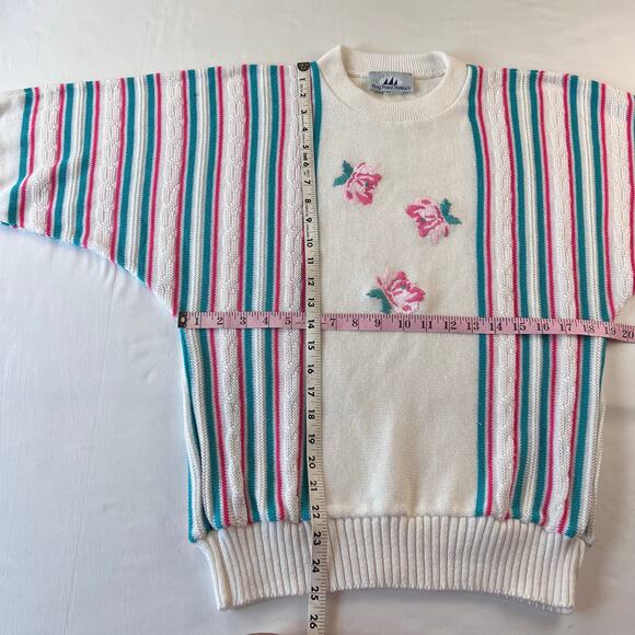 Bay Point Threads Vintage 1980's Flowers Striped Pink Blue Sweater Size Medium - Picture 4 of 6